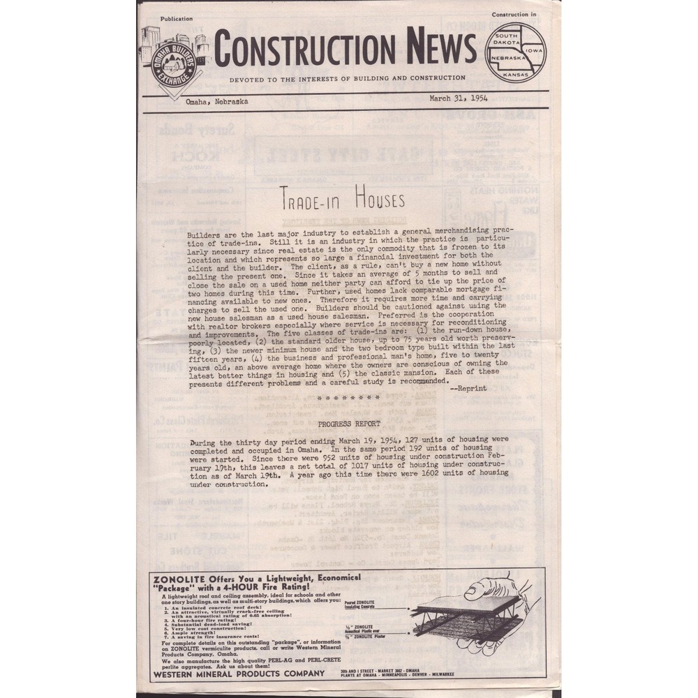 1954 Omaha Builders Exchange Construction News Vintage Nebraska Newspaper Ad